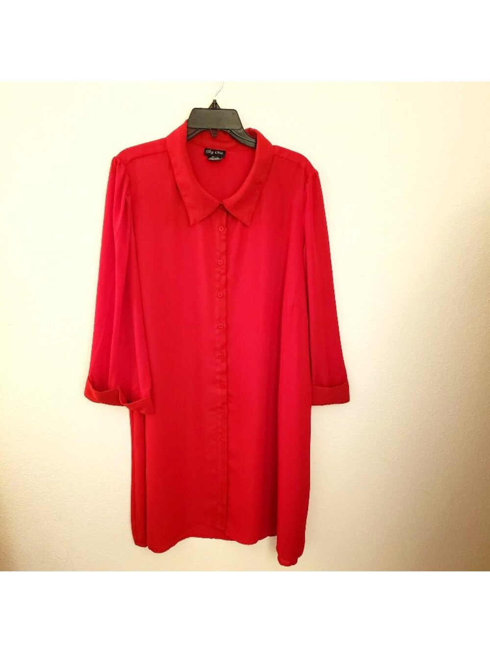City Chic Red Long Sleeve Lightweight Button Front A-Line Shirtdress  Sz 24 EUC
